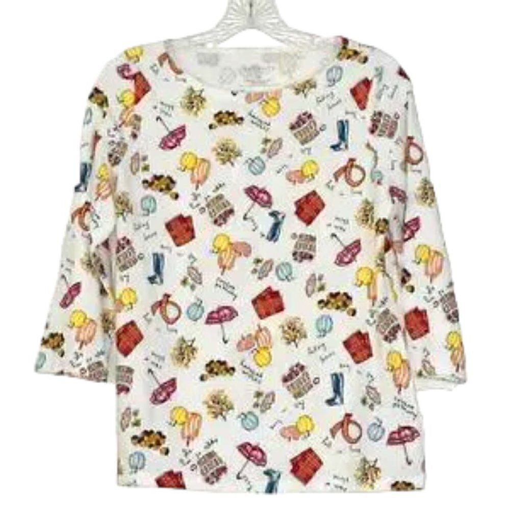 Talbots Pullover 3/4 Sleeves Fall Multi Color Print Top Size Sm P